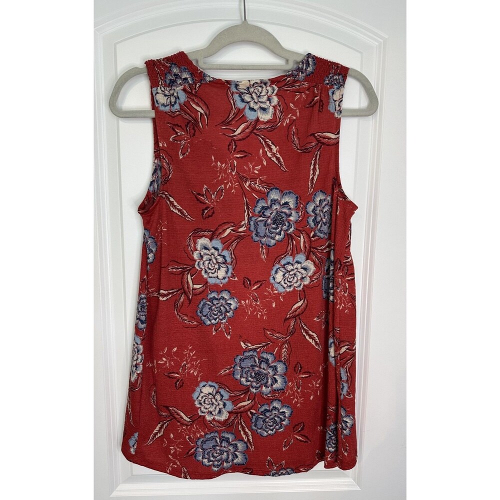 Knox Rose Womens Small Sleeveless V Neck Floral Boho Top Red Tassel Tie Smocked - Picture 3 of 7